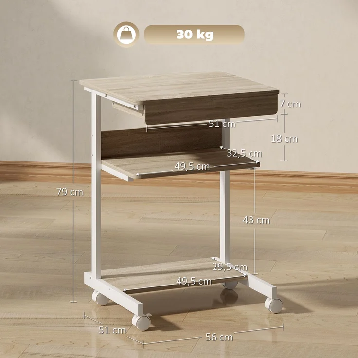 Computertisch auf Rollen, Schreibtisch mit Stauraum 56 x 51 cm mit Schublade, Fach und CPU-Halterung, Eiche – Bild 5