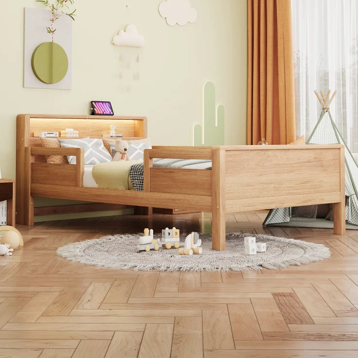 Kinderbett 90x200 cm mit LED & USB Type-C Anschluss,Massivholz Einzelbett mit Kopfteil Ablage & Gitterdesign,Weiß – Bild 2
