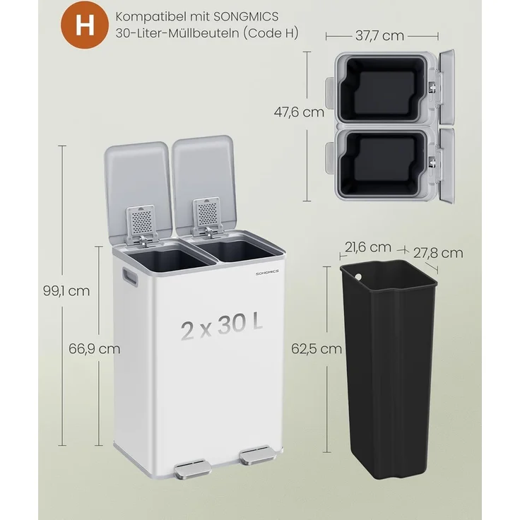 SONGMICS Mülleimer Küche, 2 x 30 Liter, 2 Fächer, Abfalleimer, Tretmülleimer, Küchenmülleimer mit Softclose-Deckel und Inneneimer, Stahl, inklusive 15 Müllbeutel – Bild 4