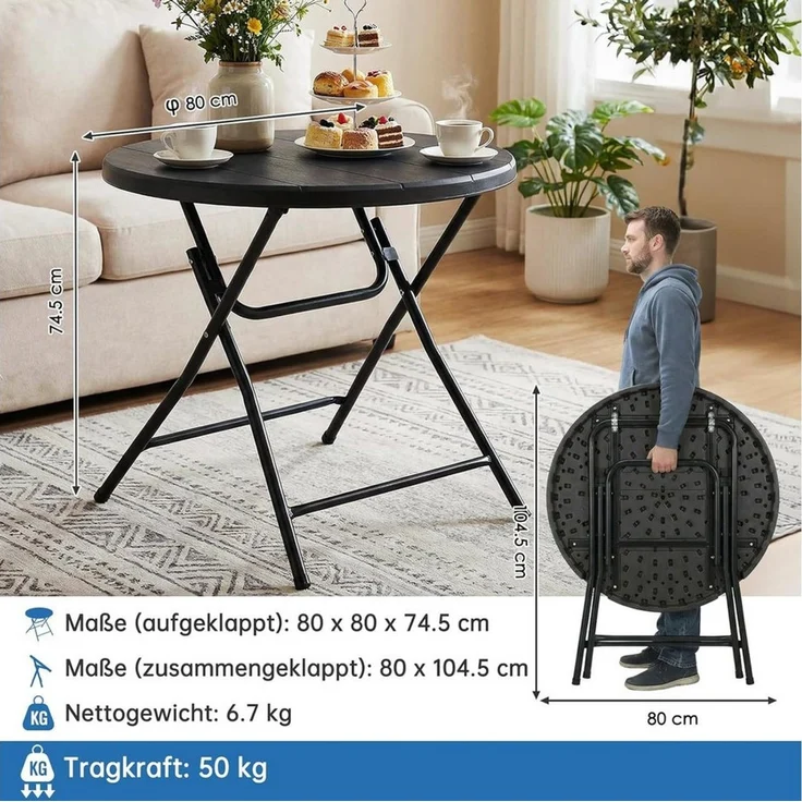 TLGREEN Gartentisch Rund Klappbar - 80cm Holz-Optik Wetterfest Balkontisch (Tragfähigkeit bis 50kg, Pflegeleicht Campingtisch), für Garten, Picknick, Party, Innen- & Außengebrauch – Bild 2