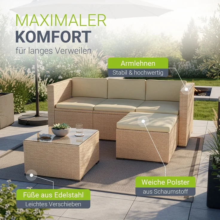 Juskys Polyrattan Lounge Punta Cana M creme inkl. Abdeckung – Gartenlounge für 4 Personen – Sitzgruppe mit Sessel, Sofa, Tisch & Hocker - Sitzbezüge sand – Bild 5