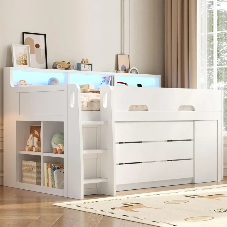 Hochbett mit Schreibtisch, Stauraum, LED-Streifen, Lattenrost, Regalen, Schubladen, Rausfallschutz, USB und Leiter, 90x200 cm, Kinderbett, Kiefer – Bild 4