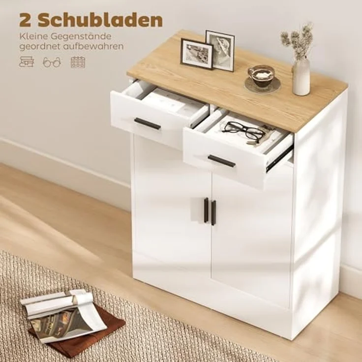 HOMCOM Sideboard Beistellschrank mit 2 Schubladen, 2 Türen (Aufbewahrungsschrank, 1 St, Küchenschrank), mit verstellbarem Einlegeboden, Weiß+Naturholz – Bild 4