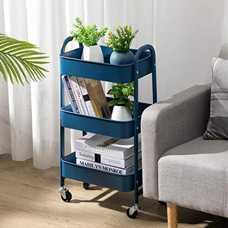 DOEWORKS Rollwagen Metall Aufbewahrungswagen Küchenwagen 3-Etagen, Servierwagen Organizer Wagen mit Rädern für Wohnzimmer Schlafzimmer Make-up Badezimmer Büro, Dunkelblau – Bild 4