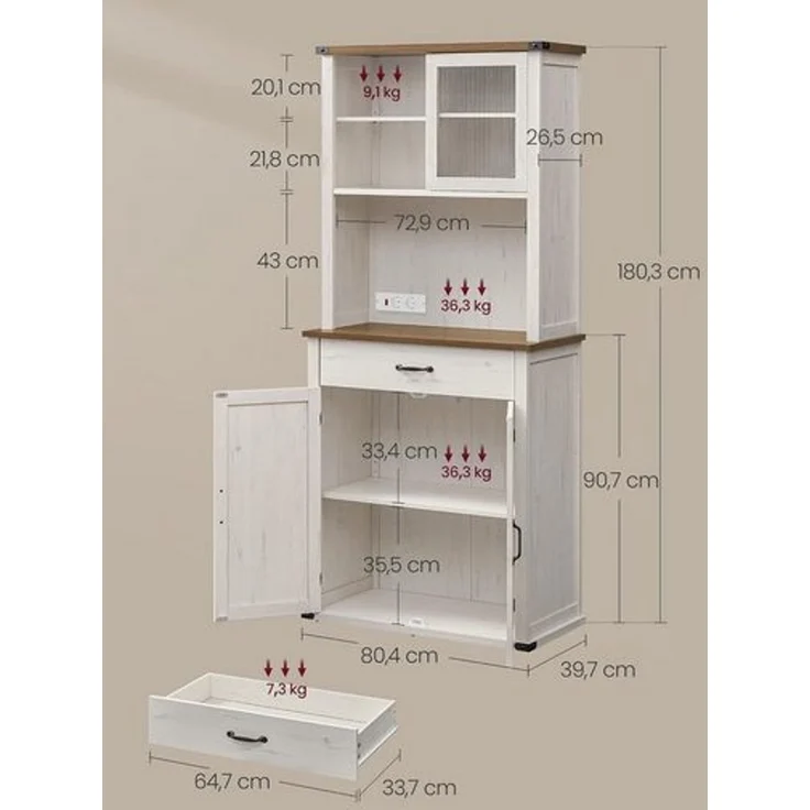 VASAGLE Sideboard mit Beleuchtung und Ladestation, Küchenschrank, Aufbewahrungsschrank, mit Türen und Schubladen, 39,5 x 80,4 x 180,6 cm, verstellbare Ablagen, Landhausstil, vintageweiß – Bild 5