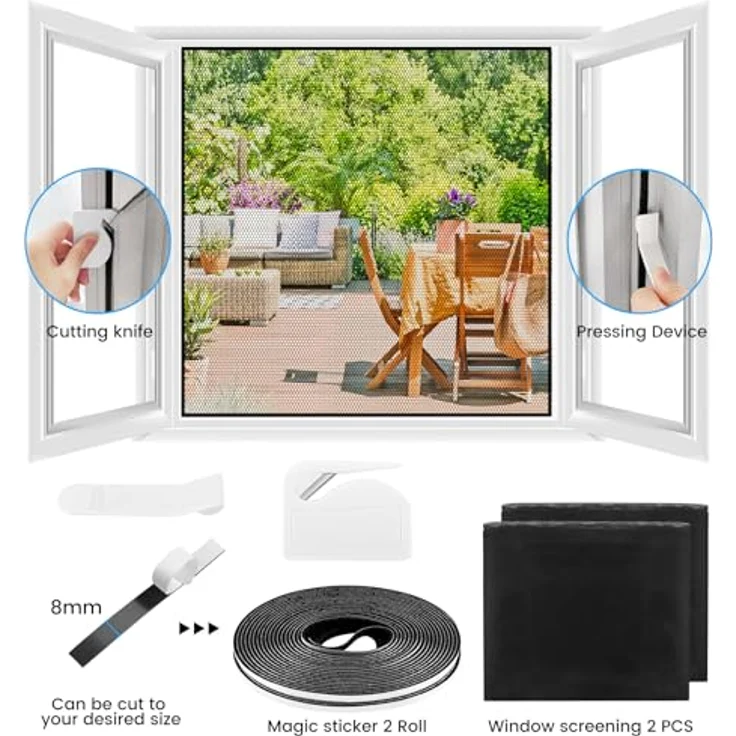 Fliegengitter Fenster 2er Set 150 x 155 cm | DIY zuschneidbar ohne Bohren, Klebemontage | Insektenschutz Fenster Fliegenvorhang Moskitonetz | mit Schneidewerkzeug | transparent, feinmaschig, Schwarz – Bild 5