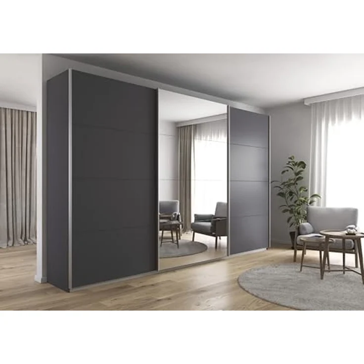 Rauch Möbel Kulmbach, Kleiderschrank mit Schwebetüren für Schlafzimmer, Kinderzimmer, Jugendzimmer, Garderobe, Flur, 3-türig, mit Spiegel, Zubehör Classic, Farbe Grau metallic, Schwarz, Breite 360 cm – Bild 2