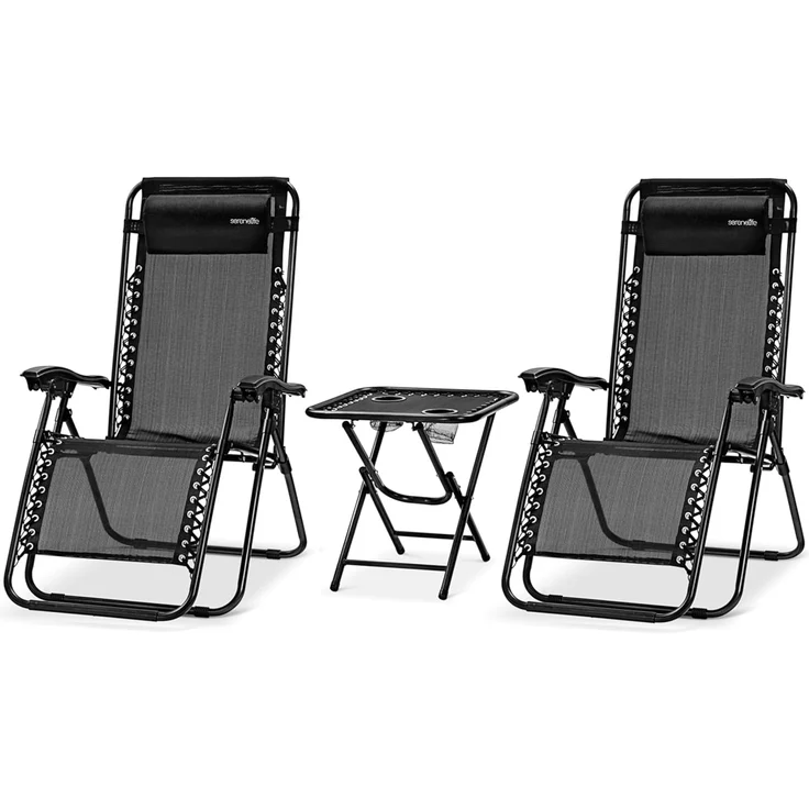 SereneLife Sonnenliege Wetterfest, Gartenliege Wetterfest zum Liegen, Loungesessel Verstellbar für Balkon, Garten, Terrasse & Camping mit Tisch, Kopfkissen & Getränkehalter, Deckchair, Gartenstuhl – Bild 1