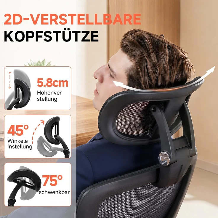 COMHOMA Bürostuhl, ergonomischer schreibtischstuhl mit Mesh, 2D-Kopfstütze, 4D-Armlehnen, Hohe Rückenlehne mit Wipp- & Feststell (90-125°), extra breite Sitzfläche, Belastbarkeit 180 kg, Schwarz – Bild 6