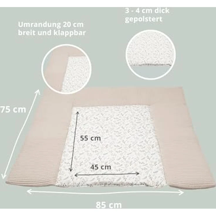 ULLENBOOM Wickelauflage 85x75 cm - Made in EU - Wickelunterlage abwaschbar und für Unterwegs geeignet, Waffelpiqué Floral Sand, Bezug: 100% OEKO TEX Baumwolle, Wickeltischauflage 75x85 – Bild 3