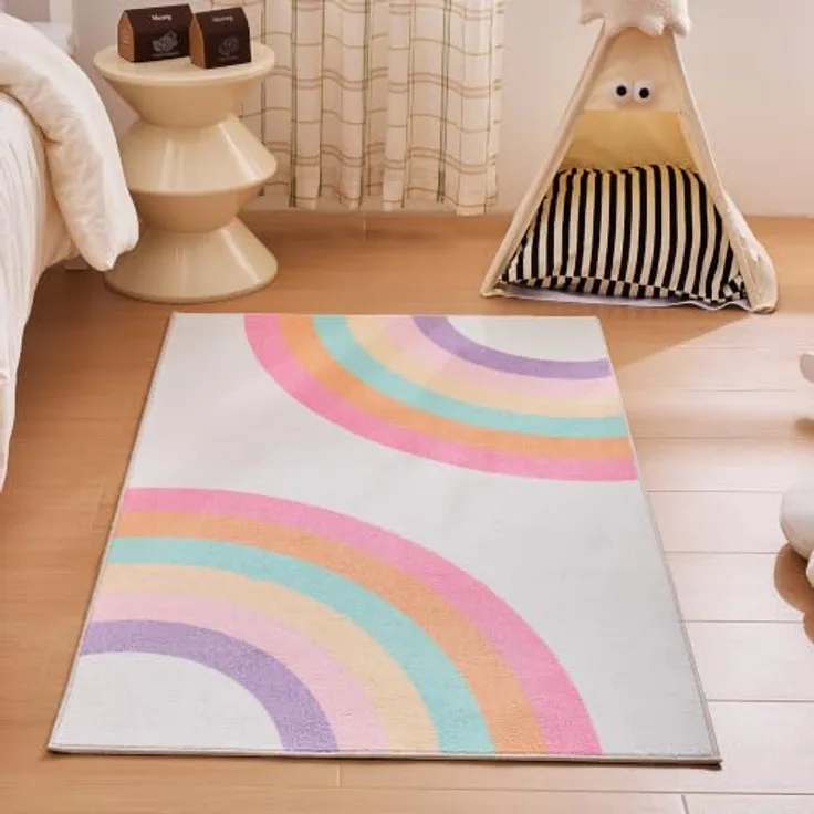 Sonive Rosa Regenbogen Teppich Kinderteppich für Junge Mädchen 80x150cm | Rutschfeste Krabbelmatte für Wohnzimmer, Schlafzimmer, Kinderzimmer