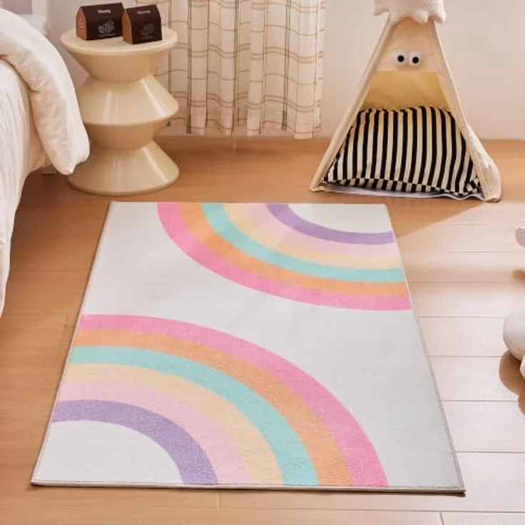 Sonive Rosa Regenbogen Teppich Kinderteppich für Junge Mädchen 80x150cm | Rutschfeste Krabbelmatte für Wohnzimmer, Schlafzimmer, Kinderzimmer – Bild 1