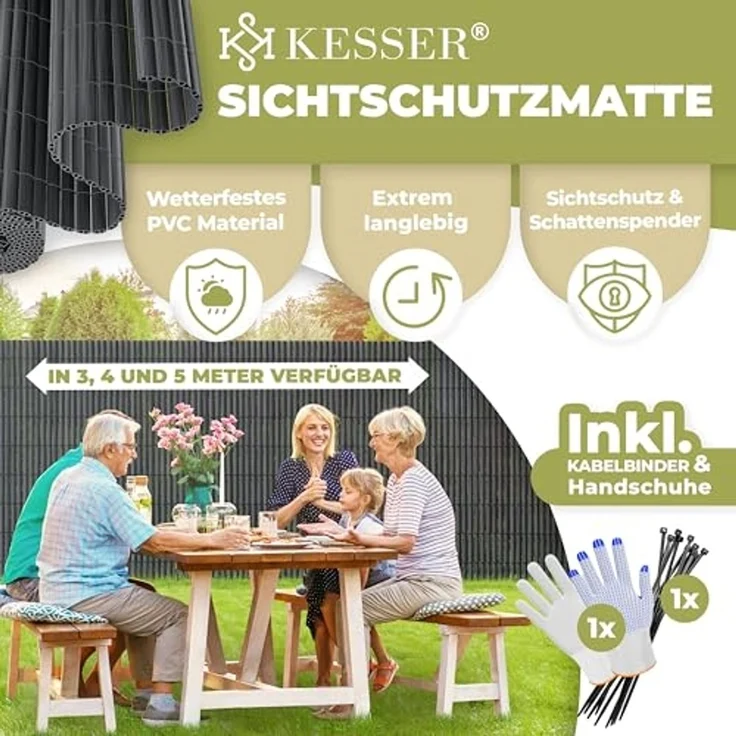 KESSER® PVC Sichtschutzmatte Sichtschutzzaun 80x500 cm | Balkonverkleidung Windschutz | verstärkte Lamellen für Garten Balkon & Terrasse | Balkonumrandung inkl. Kabelbindern & Abdeckung Anthrazit – Bild 2