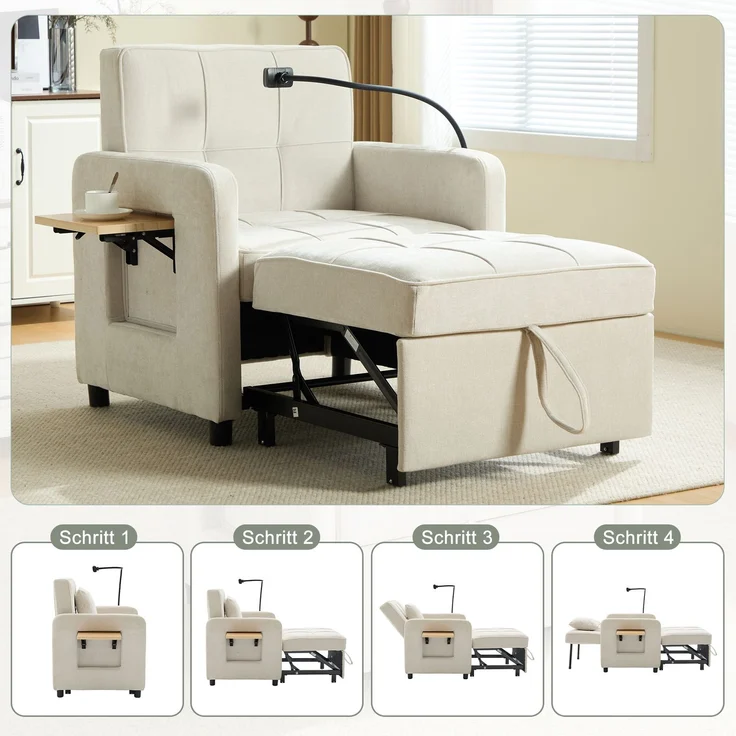 LVHOM Multifunktionaler Schlafsessel mit klappbarer Ablage, Ausziehbares 1-Sitzer Schlafsofa mit Handyhalter und Seitentaschen, Loungesessel, Beige – Bild 3