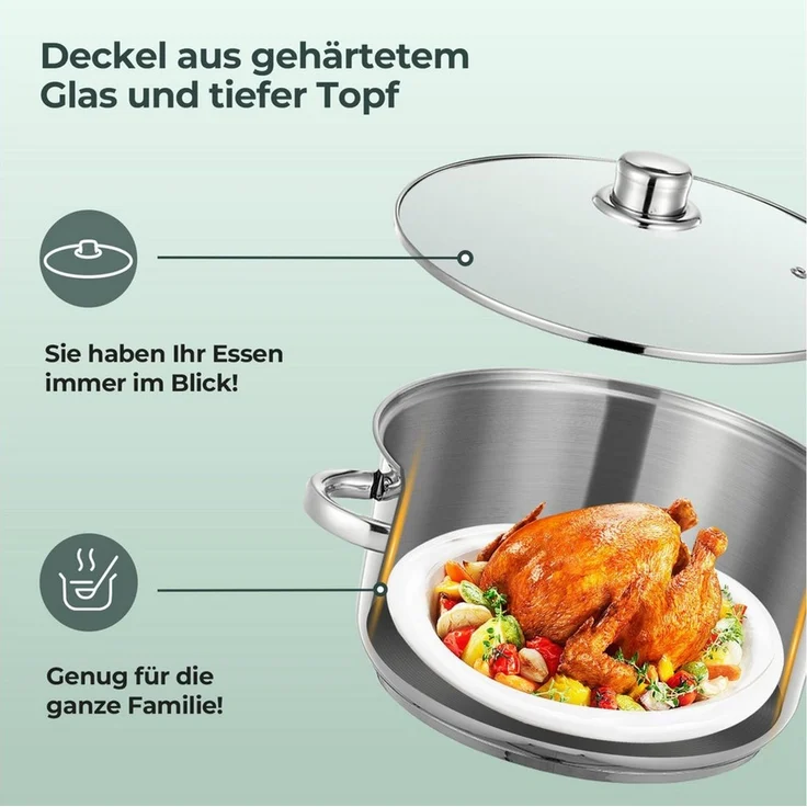 FOHERE Dampfgartopf Dampftopf Edelstahl Ø 26 cm, aus Edelstahl 18/10, für Alle Herdarten, Edelstahl (Set, auch Induktion), 5 In 1 mit Dampfeinsatz und Glasdeckel – Bild 3