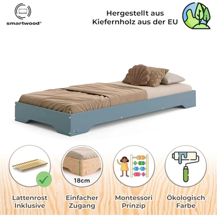 smartwood Kinderbett 140x200 Blau - Bodenbett aus Kiefernholz mit FSC-Zertifikat - Montessori Bett mit geradem Lattenrost bis zu 300 kg für Jungen und Mädchen - Einfache Montage - TILA 7 – Bild 3