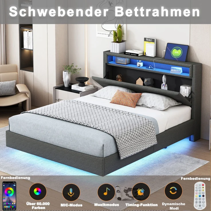 Polsterbett 140x200 cm mit USB-Steckdose und LED-Licht, wendbares Kopfteil, verdecktes Fußteil, Doppelflachbett, Jugendbett, Erwachsenenbett, Leinenstoff grau – Bild 3
