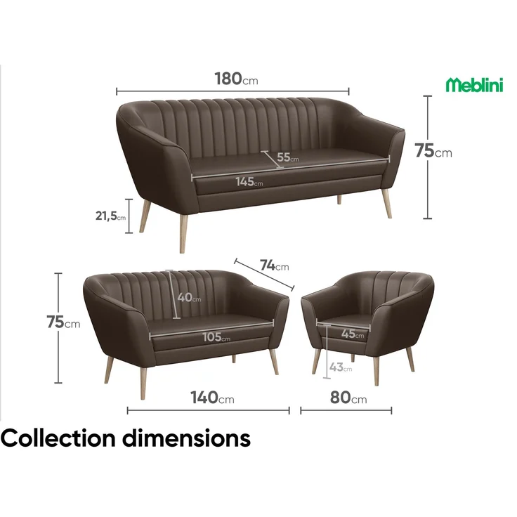 MEBLINI Sofa-Set KAIA 3+2+1 - Braun Kunstleder - für Wohnzimmer - Mini Lounge für sechs Personen - Küchensofa - Sofa Klein - Sitzgarnitur - Polstergarnitur - Sofagarnituren – Bild 7