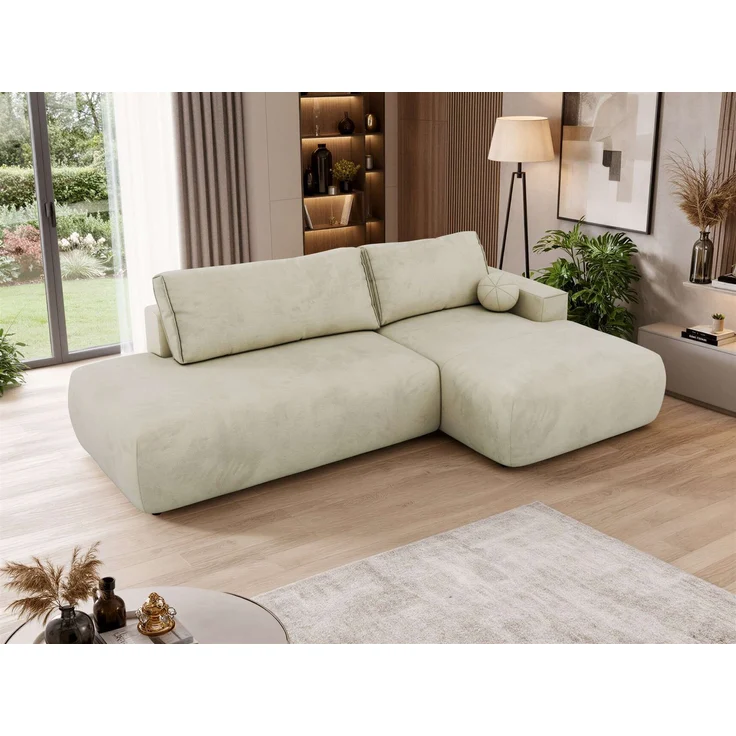 Ecksofa TAREN L mit Schlaffunktion, Bettkasten, DL-Mechanismus, Wellenfederung und freistehendem, Sofa mit Stauraum - Beige Velvet - Rechts – Bild 5