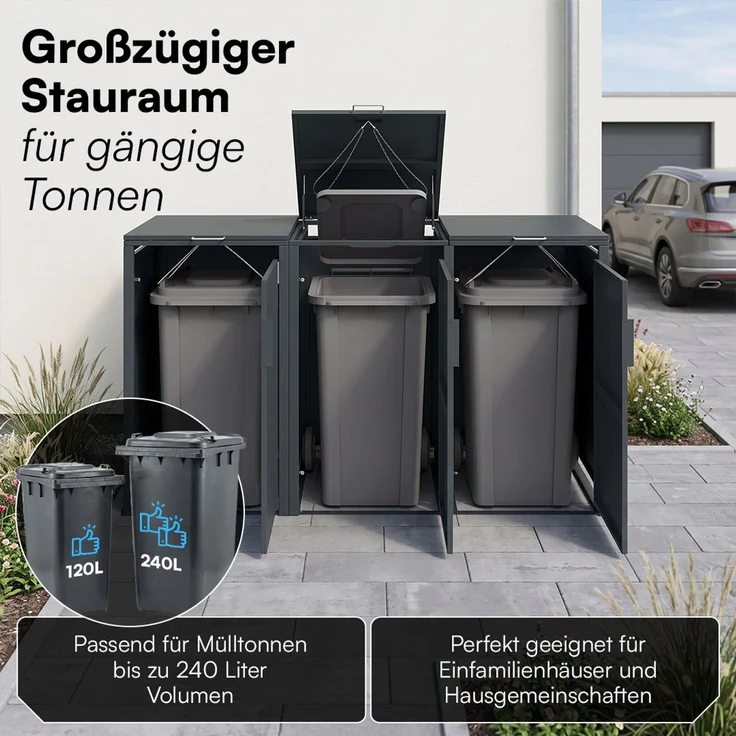 STEELSØN 'Thoria' Mülltonnenbox 3er je 240 Liter, anthrazit, Mülltonnenverkleidung aus Stahl, wetterfest, 116x80x203 cm, Müllbox für 3 Tonnen – Bild 2