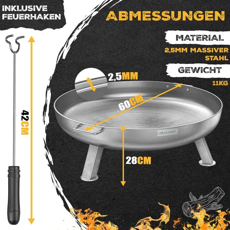 KESSER® Feuerschale, 2,5 mm Stahldicke, Feuerkorb aus Edelstahl / Stahl, mit 42 cm Feuerhaken aus Gusseisen, Wasserablauf & 2 stabile Griffe für Holz & Kohle Feuerstelle für Garten & Terrasse Ø 60 cm, Edelstahl – Bild 3