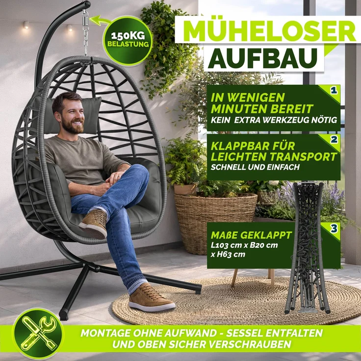 tillvex® Hängesessel mit Gestell Outdoor & wetterfester Abdeckung inkl. Befestigung | Hängekorb klappbar bis 150 kg | Hängesitz aus Rattan | Hängestuhl für Indoor Garten Balkon Terrasse – Bild 4