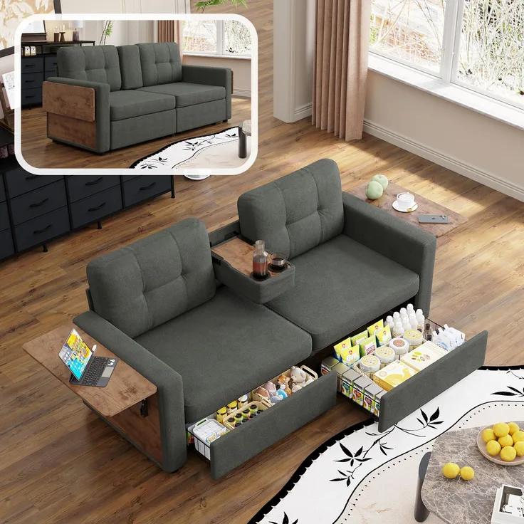 ZUBALIYA Schlafsofa 71x57.5 cm, mit Schreibtisch, mit Schubladen, mit Stauraum, mit Ablageflächen, mit Ausziehbett, Grau