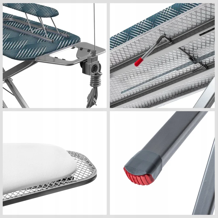 KADAX Bügelbrett 120x38 cm breit, Oberseite mit Steckdose + Handtuch mit Ablage – Bild 9
