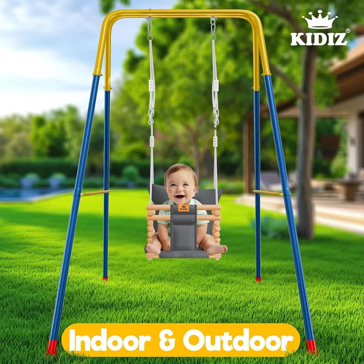 KIDIZ® Babyschaukel Kinderschaukel Schaukelsitz mit Polsterung | Holz-Schaukel mit Anti-Kipp bis 60KG | Höhenverstellbar Indoor & Outdoor | 0,5 - 3 Jahre | Montagezubehör & Sicherheitsgurt Anthrazit – Bild 4