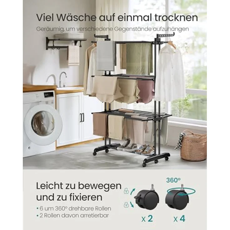 SONGMICS Wäscheständer, Standtrockner 4 Ebenen, Flügelwäscheständer, klappbare Flügel, mit Rollen, 63,5 x 125,5 x 173 cm, groß, einfacher Aufbau, tintenschwarz LLR703BZ02 – Bild 4