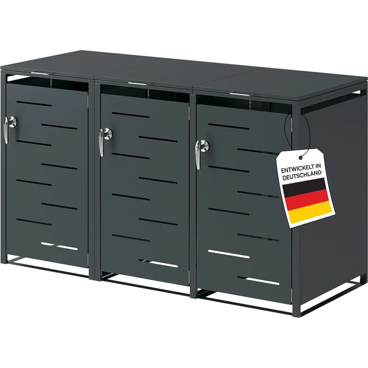 STEELSØN 'Diorus' Mülltonnenbox 3er je 240 Liter, anthrazit, Mülltonnenverkleidung aus Stahl mit Sichtstreifen, wetterfest, 116x80x203 cm, abschließbare Müllbox für 3 Tonnen – Bild 1