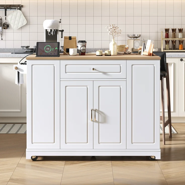 Kücheninsel mit Rollen,Ausziehbarer Essbereich Kücheninsel mit Multifunktionsschubladen und Abfallbehälterfach Mobile Kücheninsel Ideal für Küche und Esszimmer,Weiß, – Bild 2