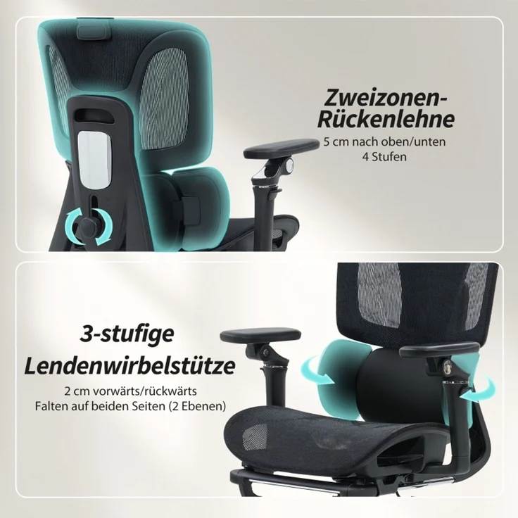 Bürostuhl Ergonomisch Schreibtischstuhl mit verstellbar Lenden- und Kopfstütze 6D-Klapparmlehnen Fußstütze Netz Schwarz--Schwarz--71x67x133cm--YOUDENOVA – Bild 5