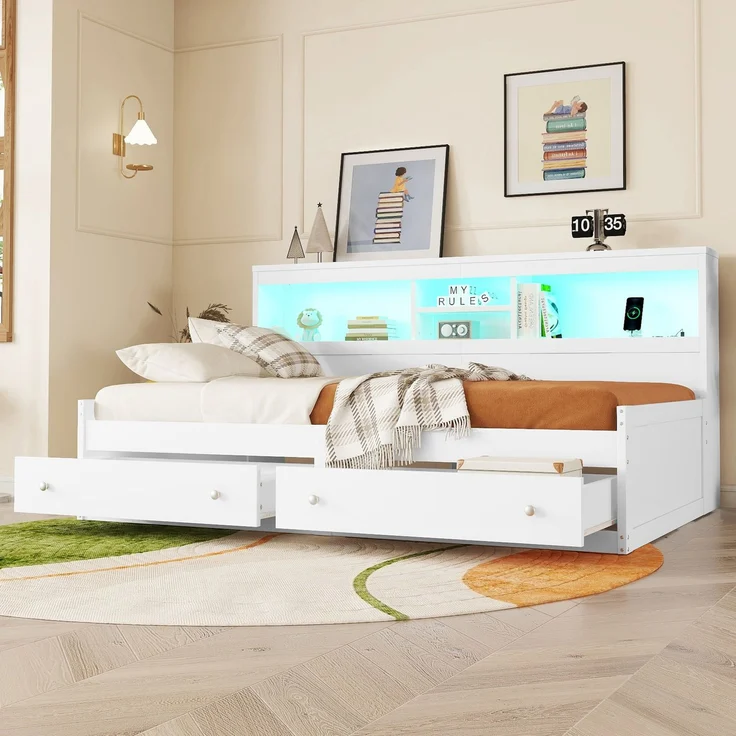 Merax Kinderbett LED Daybett Einzelbett 90x200cm mit Ladefunktion und 2 Schubladen, Weiß – Bild 5