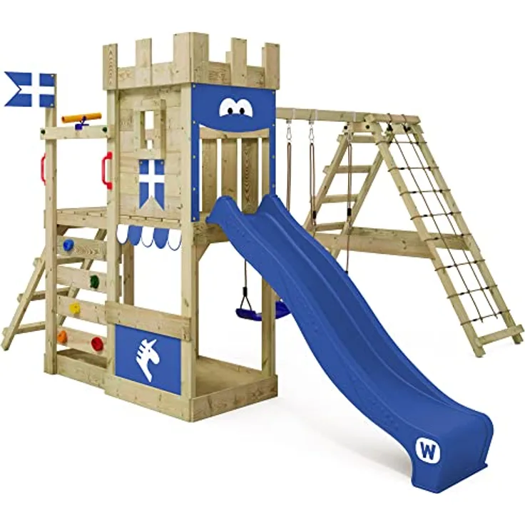 Wickey Spielturm DragonFlyer Stelzenhaus – Ritterburg mit Kletteranbau, 10 Jahre Garantie*, Massivholz, 120 cm Podesthöhe