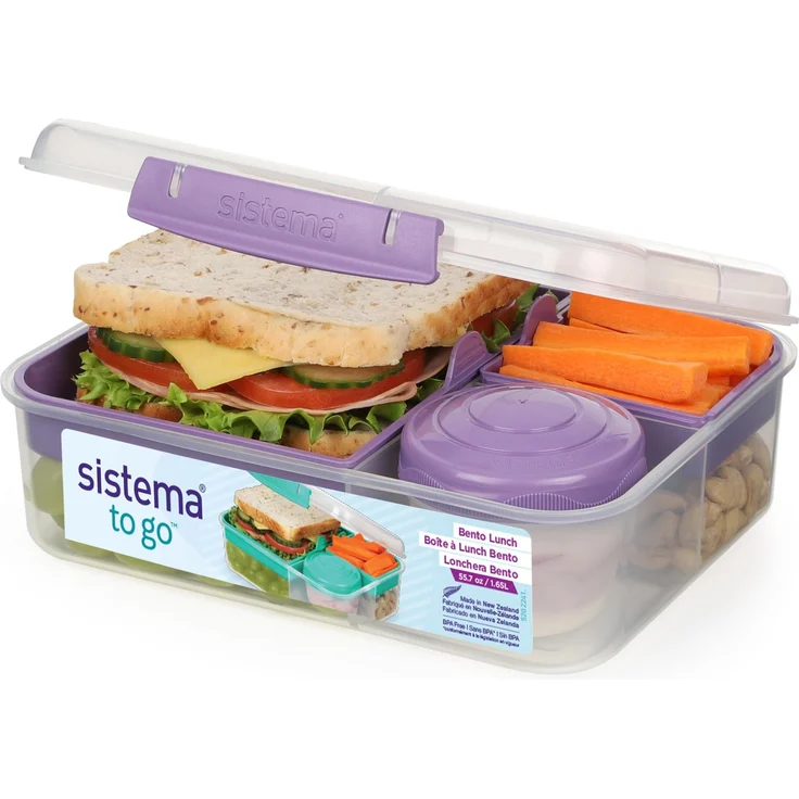 Sistema Bento Box TO GO Brotdose mit Fächern | 1,65 L Lunchbox mit Joghurt- /Fruchtbehälter | Lunchbox Kinder & Erwachsene | Lila – Bild 1