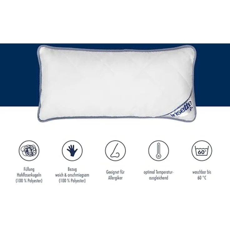 Irisette Body Contour Kopfkissen 2er-Set 40x80 cm mit abnehmbarem Bezug aus softer Microfaser, waschbar bis 60°C, weiß / blau, Öko-Tex zertifiziert, produziert nach deutschem Qualitätsstandard – Bild 3