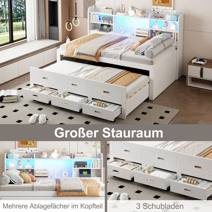 Bett 90x200 cm mit Ausziehfunktion, LED-Fernbedienung und Stauraum – Weiß – Bild 7