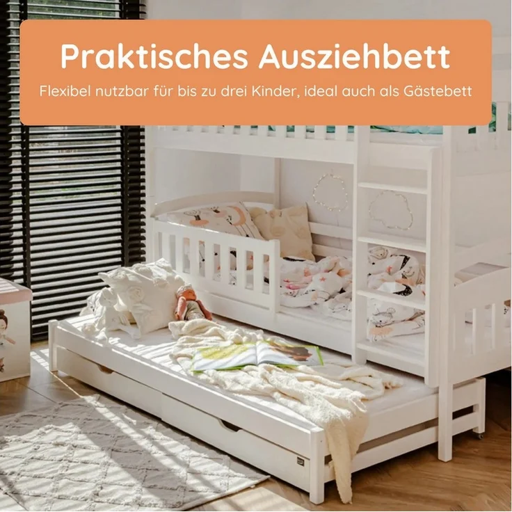 Kids Collective Etagenbett Hochbett Stockbett Kinderbett 90x200 cm mit Ausziehbett und Schubladen (Modell 2025), Umbaubar zu 3 Einzelbetten mit Lattenrosten & Rausfallschutz, weiß – Bild 3