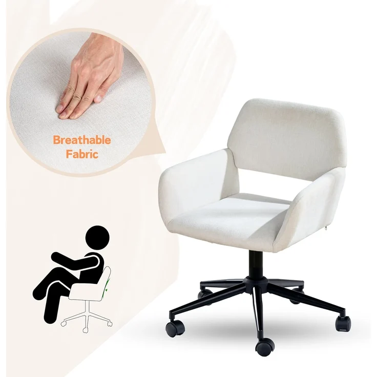 39F FURNITURE DREAM Skandinavischer Bürostuhl aus beigem Stoff, drehbar, höhenverstellbar und 5 Rollen für Kinder, die zu Hause Arbeiten, 56,5 x 57,5 x 75 – 85 cm, 56,5 x 57,5 x 75 – 85 cm – Bild 8