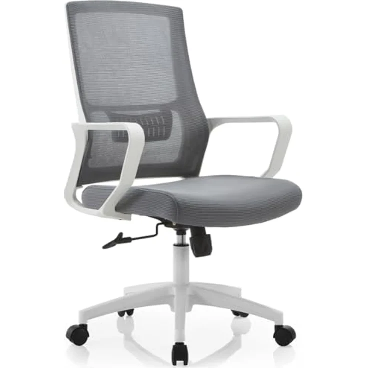 Shally Dogan Ergonomischer Drehstuhl mit Lendenwirbelstütze, Schreibtischstuhl, Arbeitszimmerstuhl, höhenverstellbar, stabile weiße Basis, schweißfeste Rückenlehne (Grau) – Bild 2