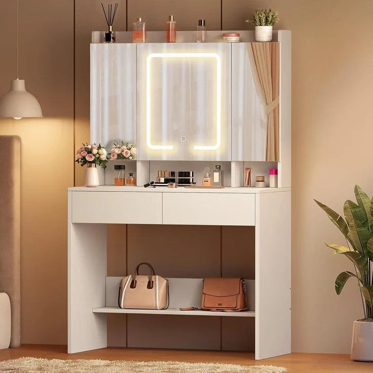 YITAHOME Schminktisch mit LED-Beleuchtung, Schminktisch Weiß mit Spiegel 3 Farben Einstellbarer Helligkeit Frisiertisch mit Spiegel, Schubladen, Kosmetiktisch 5 offenen Fächern (Weiß) – Bild 3