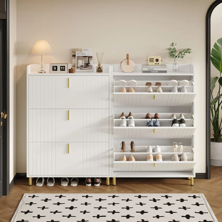 2 ser Schuhregal mattweiß mit gold Metallfüßen, verstellbare Regale, Ablagefläche, stabiler MDF-Schuhschrank – Bild 1