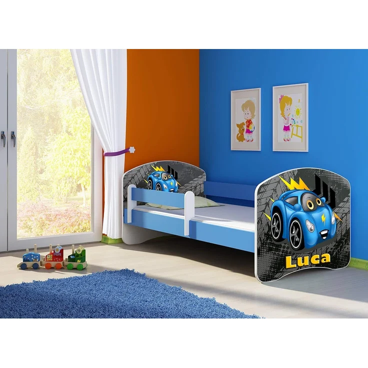 ACMA Kinderbett Jugendbett mit Einer Schublade und Matratze Blau mit Rausfallschutz Lattenrost II 140x70 160x80 180x80 (04 Blaue Auto, 180x80) – Bild 3