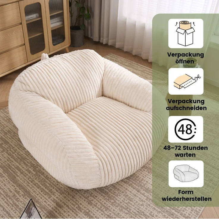 Sitzsack, Cord, mit Rückenlehne & hochdichtem Schaumstoff, 116x110x61 cm, Beige – Bild 6