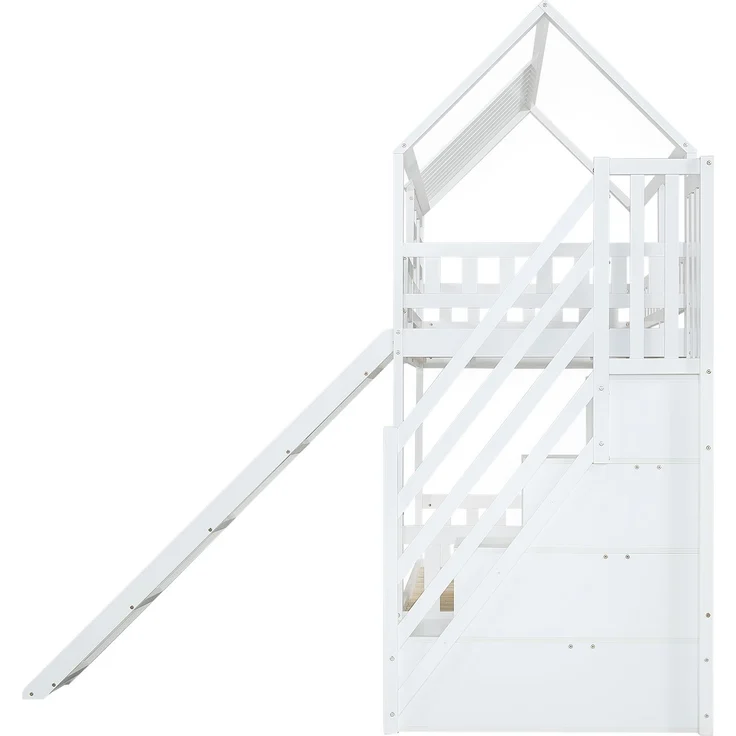 Etagenbett Hausbett 90x200 mit Treppe Stauraum Rutsche Schubladen Kinderbett Hochbett Spielbett Kiefernholz Weiß – Bild 10