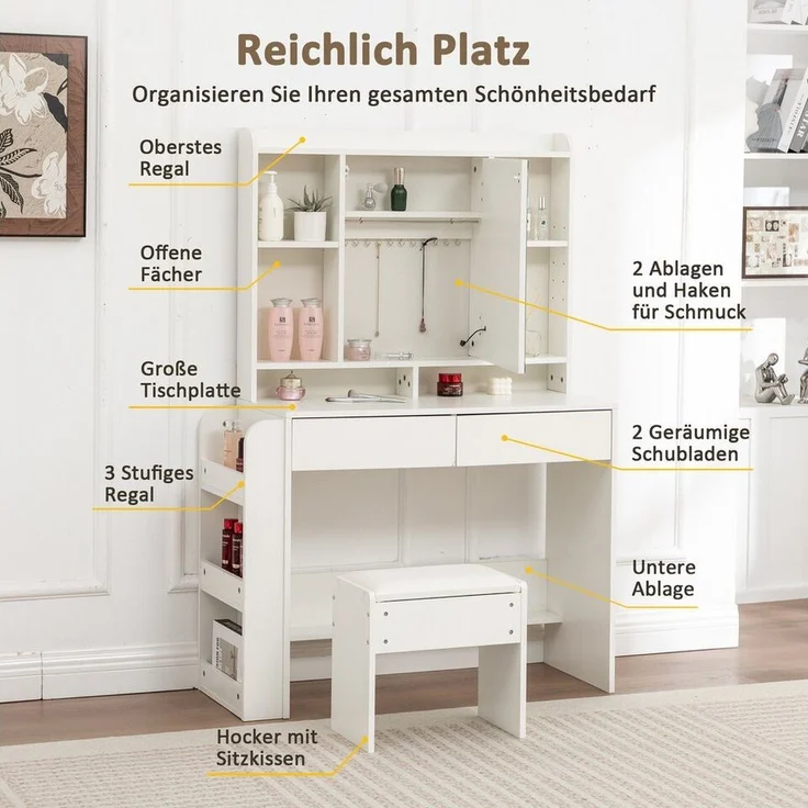 Thanaddo Schminktisch Schminktisch mit Spiegel,LED-Beleuchtung mit Einstellbarer Helligkeit – Bild 2
