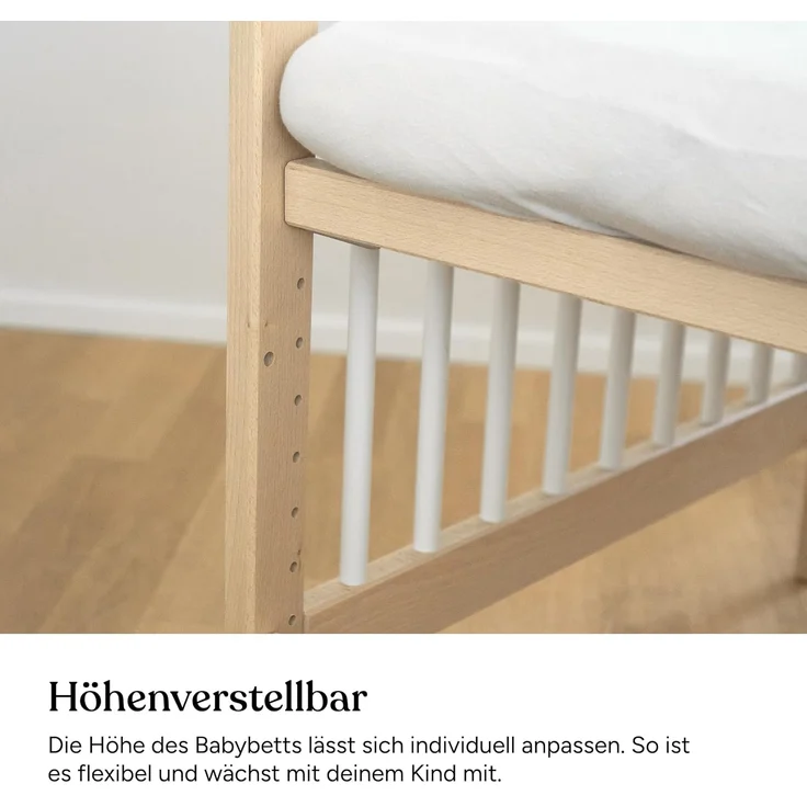 Ehrenkind® Babybett PUR 120x60 aus Buchenholz | Natur | Kinderbett 9-Fach höhenverstellbar mit entnehmbaren Stangen | Baby Bett – Bild 6