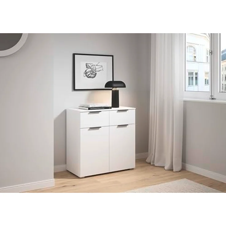 Rauch Möbel Alabama, Kommode, Farbe Weiß, Maße 80x81x42 cm | Sideboard, 2-türig, 2 Schubladen, Soft-Close-Funktion, Griff Grau metallic, für Schlafzimmer, Kinderzimmer, Garderobe, Flur – Bild 2