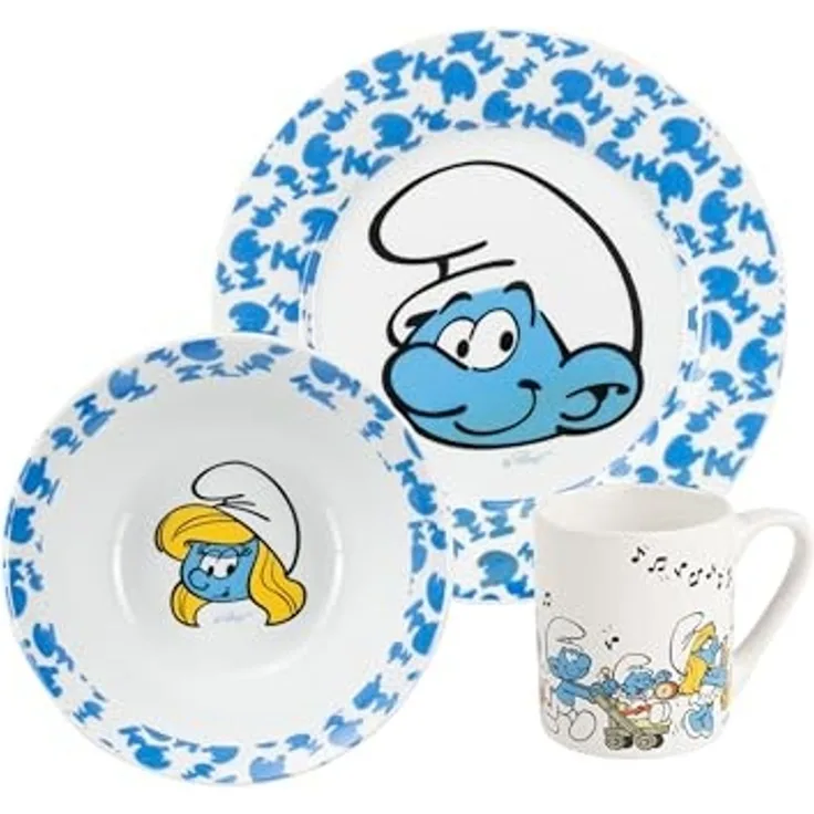 United Labels® Frühstücks-Geschirrset Die Schlümpfe Kinder - Set 3-tlg, 1 Personen, Porzellan